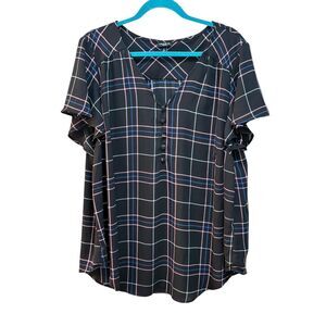 Torrid Blouse Womens 2 Black Plaid Harper Button Front Short Sleeve Plus Size